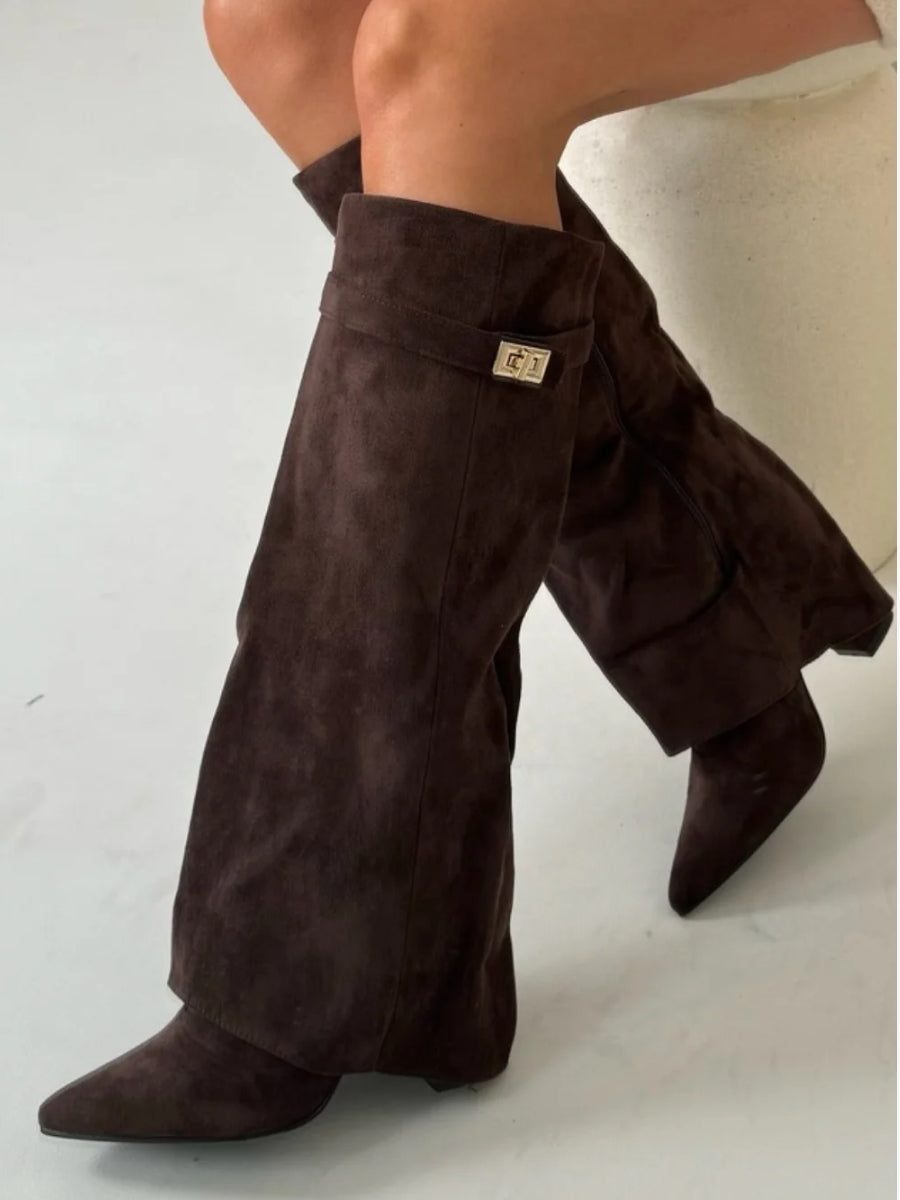 Knielange Stiefel - Wildlederstiefel mit spitzem Zeh und Absatz für Damen EB