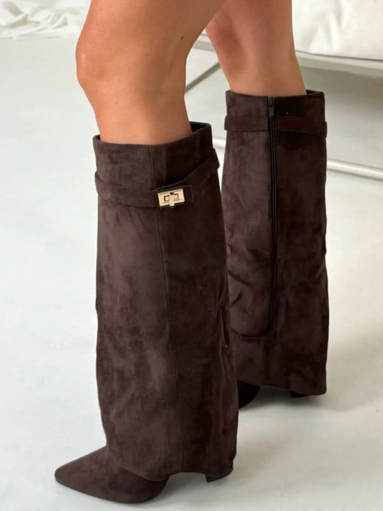 Knielange Stiefel - Wildlederstiefel mit spitzem Zeh und Absatz für Damen EB