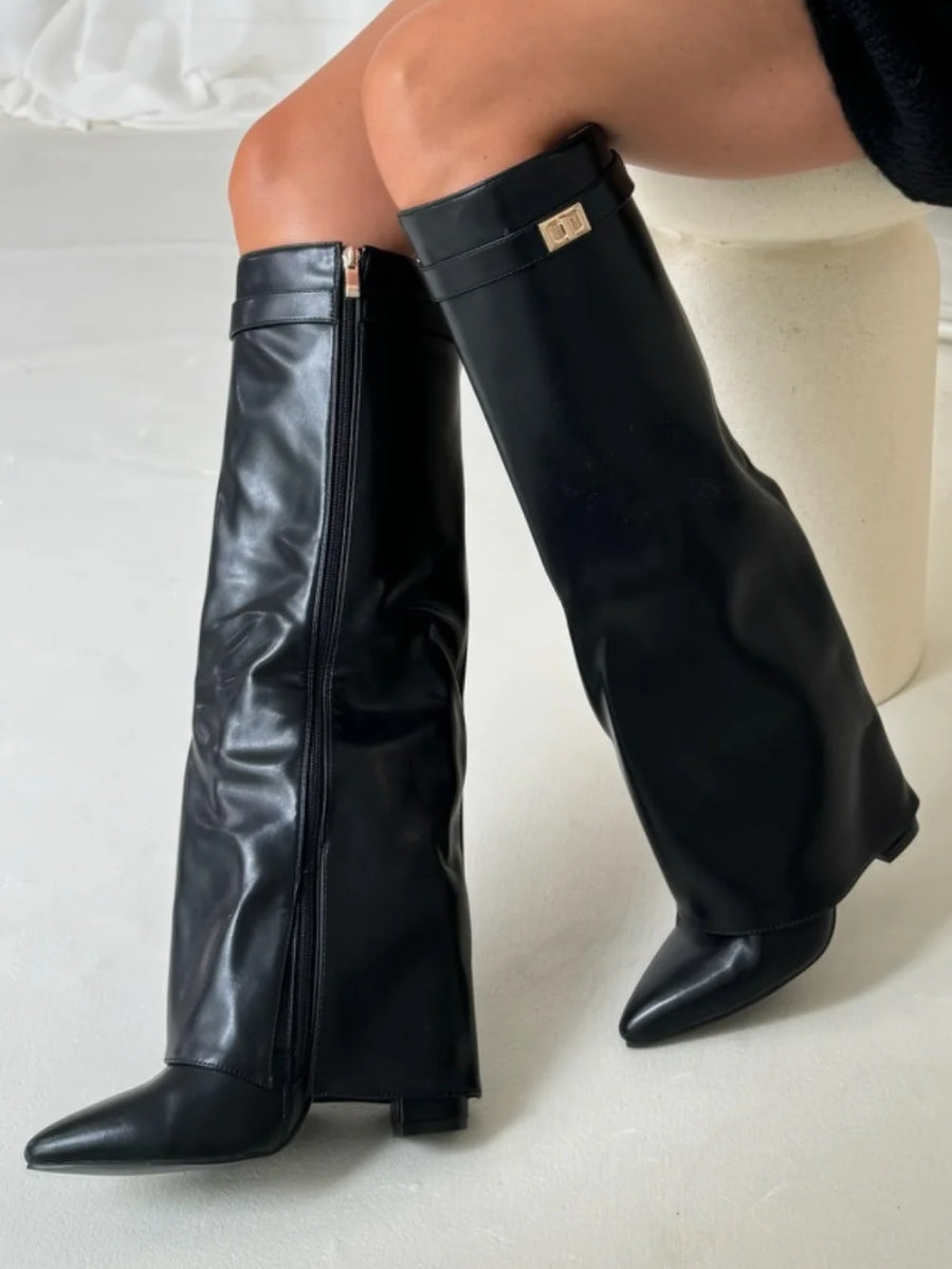 Knielange Stiefel - Wildlederstiefel mit spitzem Zeh und Absatz für Damen EB