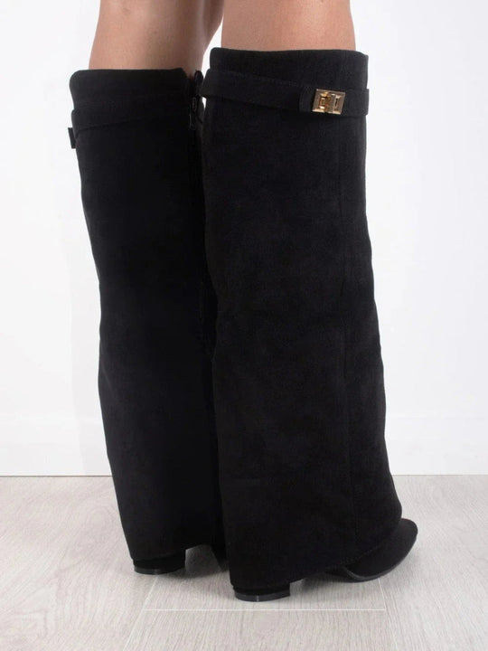 Knielange Stiefel - Wildlederstiefel mit spitzem Zeh und Absatz für Damen EB