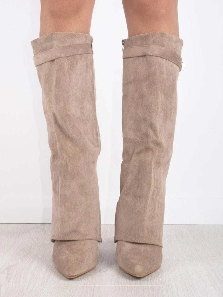 Knielange Stiefel - Wildlederstiefel mit spitzem Zeh und Absatz für Damen EB