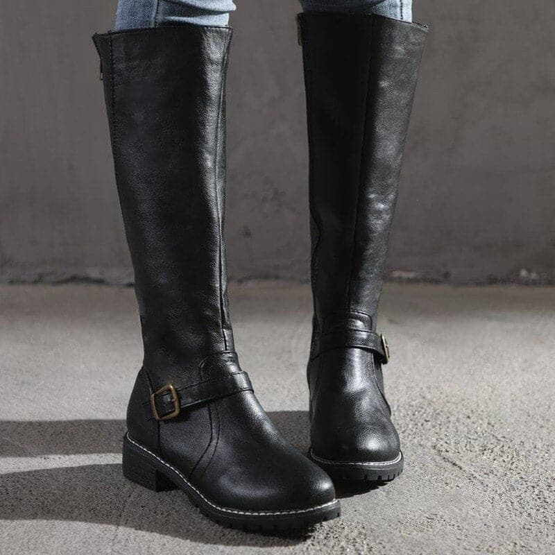 Kniefestausschuhe - Flache Lederstiefel für Damen mit weitem Schaft für den Winter EB