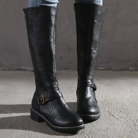 Kniefestausschuhe - Flache Lederstiefel für Damen mit weitem Schaft für den Winter EB