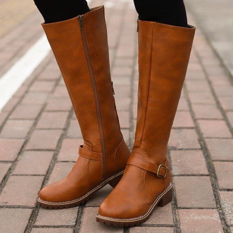 Kniefestausschuhe - Flache Lederstiefel für Damen mit weitem Schaft für den Winter EB