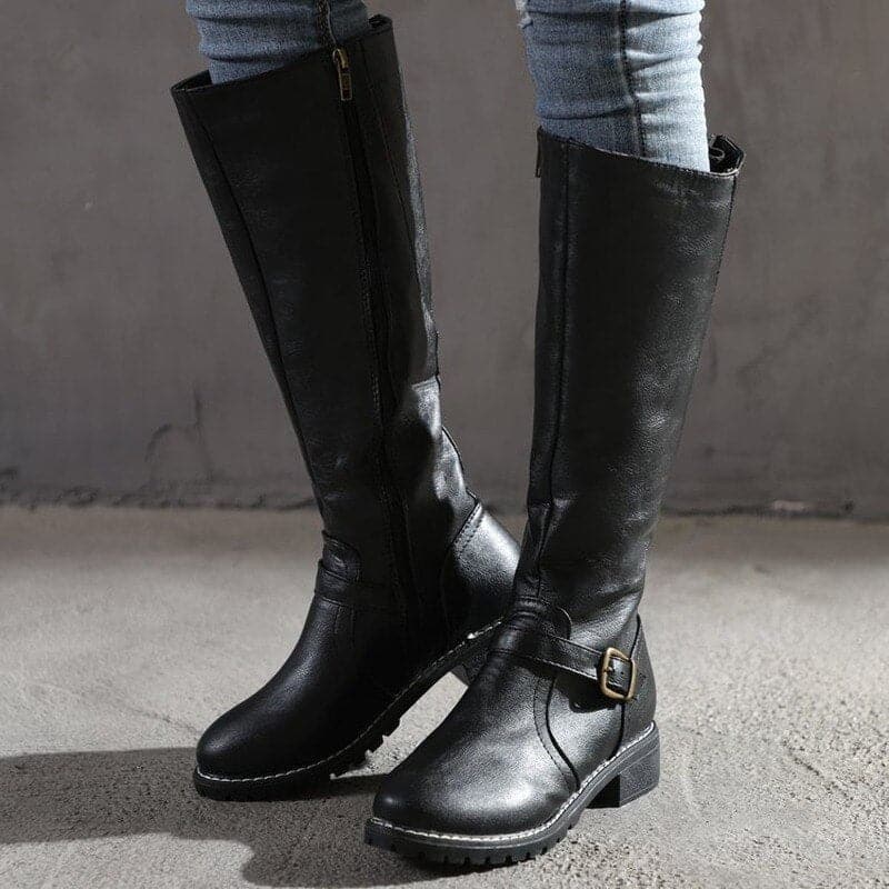 Kniefestausschuhe - Flache Lederstiefel für Damen mit weitem Schaft für den Winter EB
