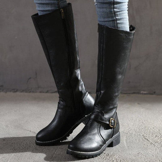 Kniefestausschuhe - Flache Lederstiefel für Damen mit weitem Schaft für den Winter EB