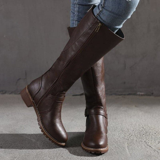 Kniefestausschuhe - Flache Lederstiefel für Damen mit weitem Schaft für den Winter EB