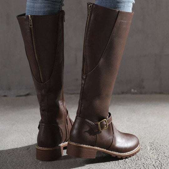 Kniefestausschuhe - Flache Lederstiefel für Damen mit weitem Schaft für den Winter EB