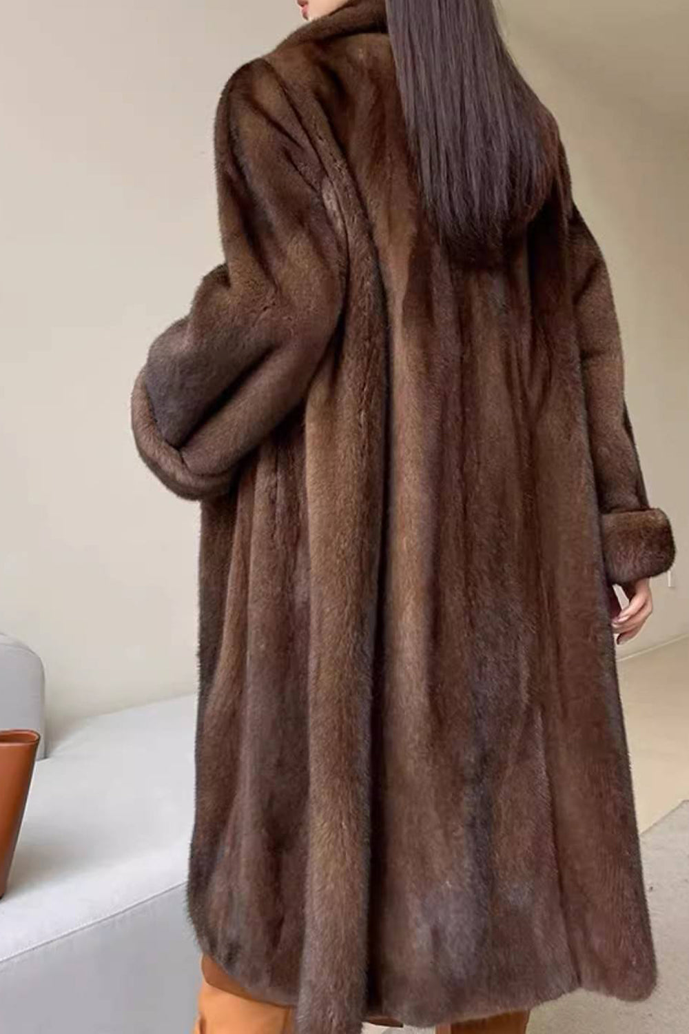 EB | Damen Lange Kunstpelzjacke mit Offener Vorderseite und Weicher Daunenstruktur