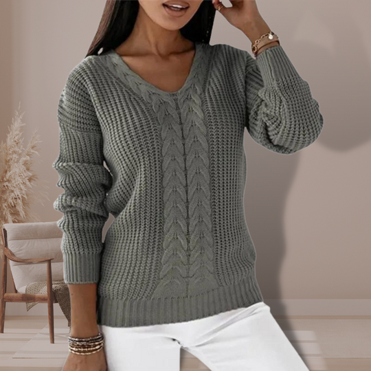 EB | Warmer Damenpullover mit V-Ausschnitt und Kabelmuster