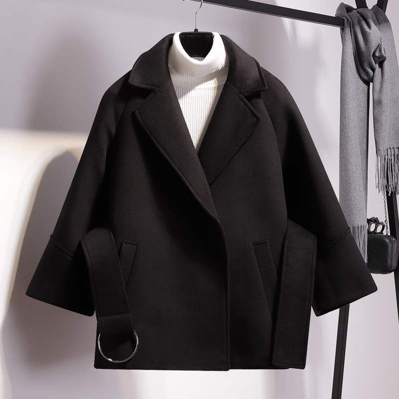 EB | Damen Kurze Woll Winterjacke mit Breitem Gürtel und Reverskragen