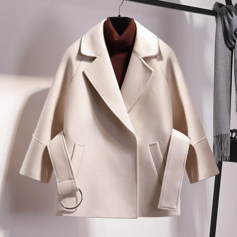 EB | Damen Kurze Woll Winterjacke mit Breitem Gürtel und Reverskragen