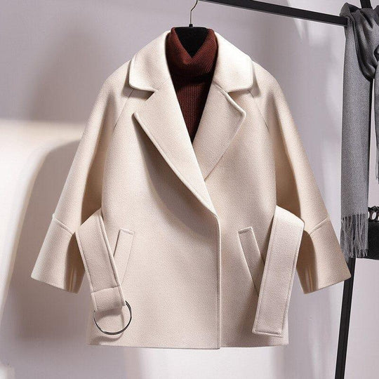 EB | Damen Kurze Woll Winterjacke mit Breitem Gürtel und Reverskragen