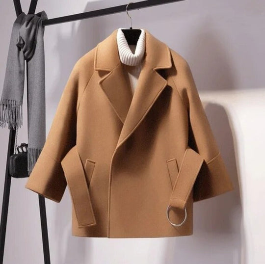 EB | Damen Kurze Woll Winterjacke mit Breitem Gürtel und Reverskragen