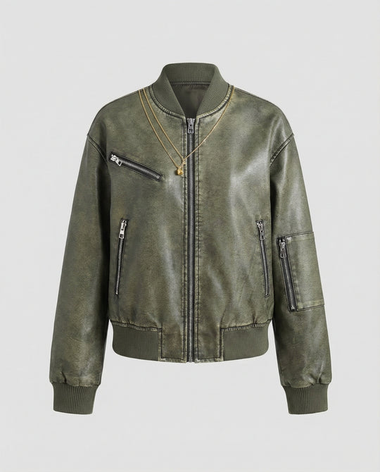 Kurz geschnittene Fliegerblousonjacke mit mehreren Reißverschlüssen und geripptem Abschluss EB
