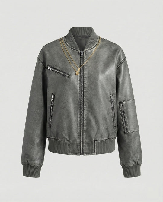 Kurz geschnittene Fliegerblousonjacke mit mehreren Reißverschlüssen und geripptem Abschluss EB