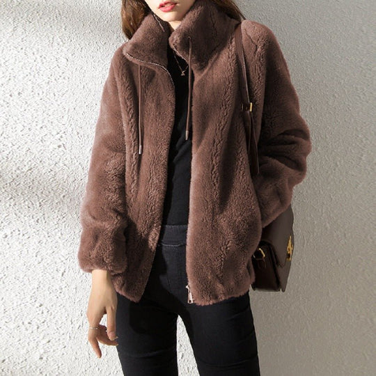 EB | Weiche Damen Teddyjacke mit Hohem Kragen und Reißverschluss