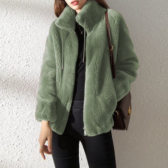 EB | Weiche Damen Teddyjacke mit Hohem Kragen und Reißverschluss