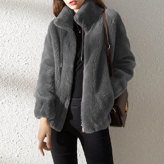 EB | Weiche Damen Teddyjacke mit Hohem Kragen und Reißverschluss