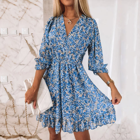EB | Casual Elastischer Tailliertes V-Ausschnitt Mini Kleid