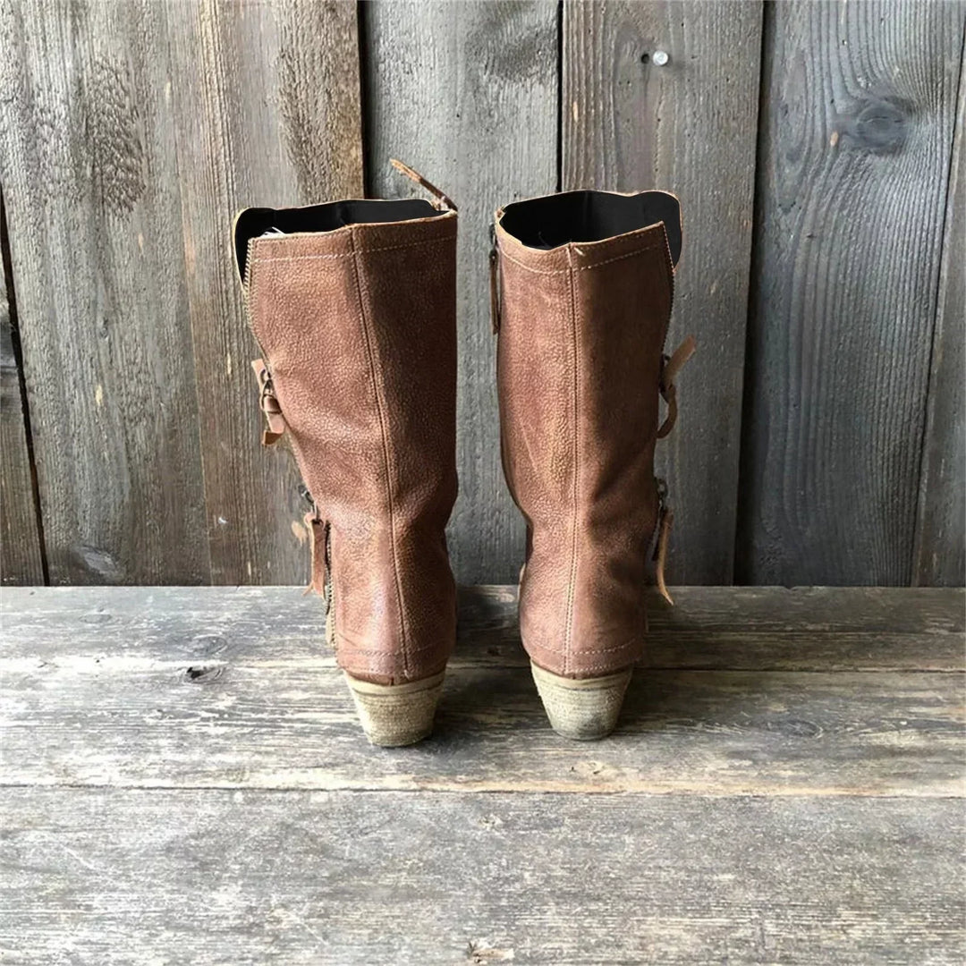 Stiefel mit Absatz - Braune Lederstiefel mit Reißverschluss bis zur Hälfte der Wade für Frauen EB