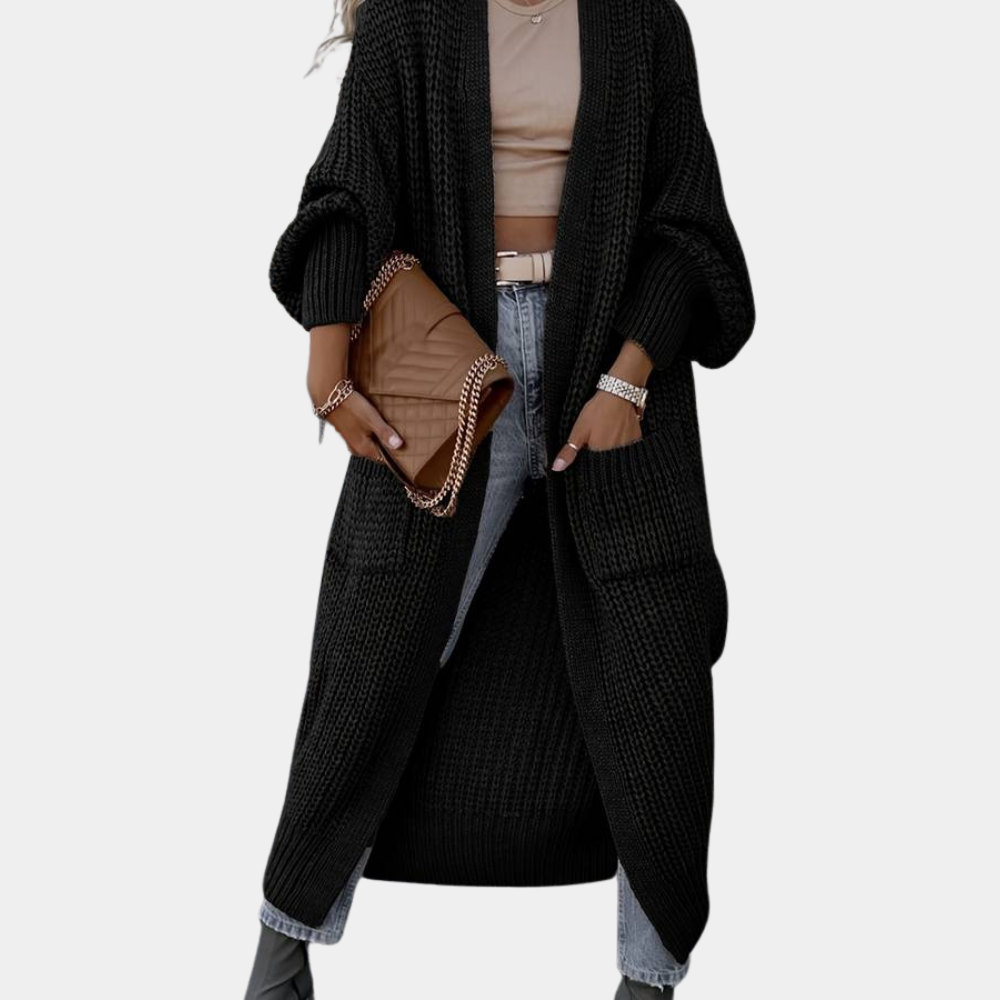 EB | Damen Lange Gestrickte Cardigan mit Taschen und Langen Ärmeln