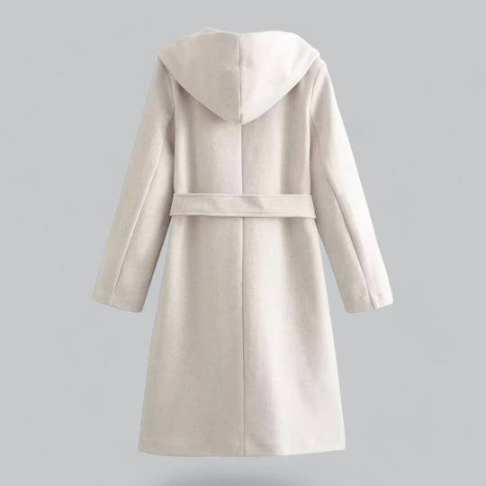 EB | Damen Woll Winterjacke mit Kapuze und Gürtel im knielangen Stil