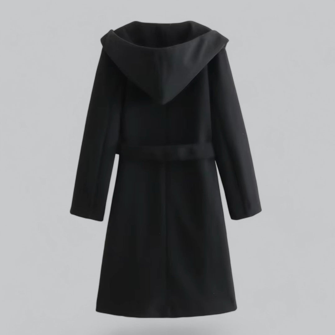 EB | Damen Woll Winterjacke mit Kapuze und Gürtel im knielangen Stil
