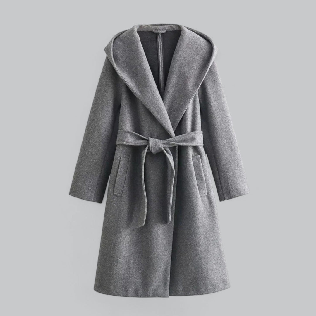 EB | Damen Woll Winterjacke mit Kapuze und Gürtel im knielangen Stil