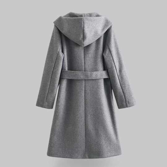 EB | Damen Woll Winterjacke mit Kapuze und Gürtel im knielangen Stil