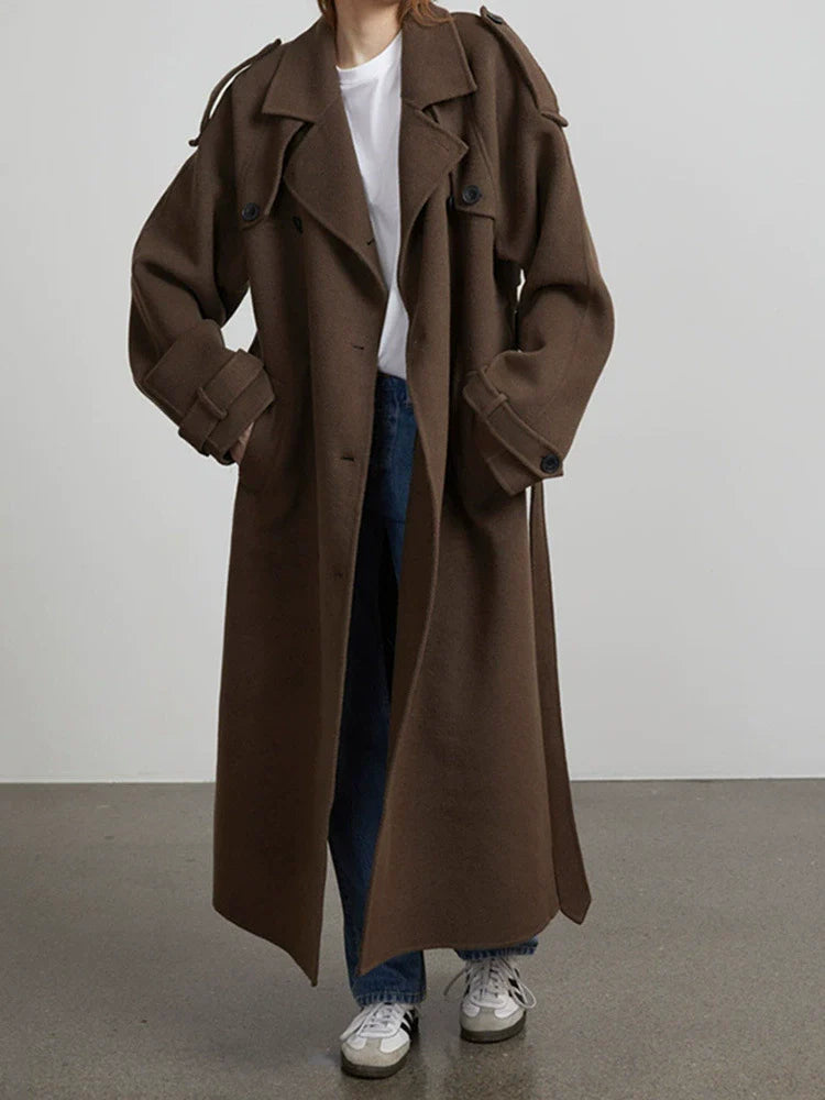EB | Damen Lange Oversized Trenchcoat mit Doppelter Knopfreihe und Taillengurt
