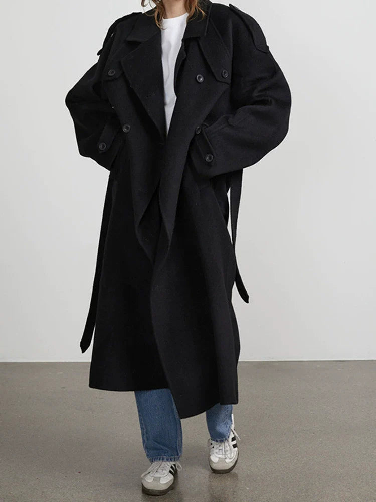 EB | Damen Lange Oversized Trenchcoat mit Doppelter Knopfreihe und Taillengurt