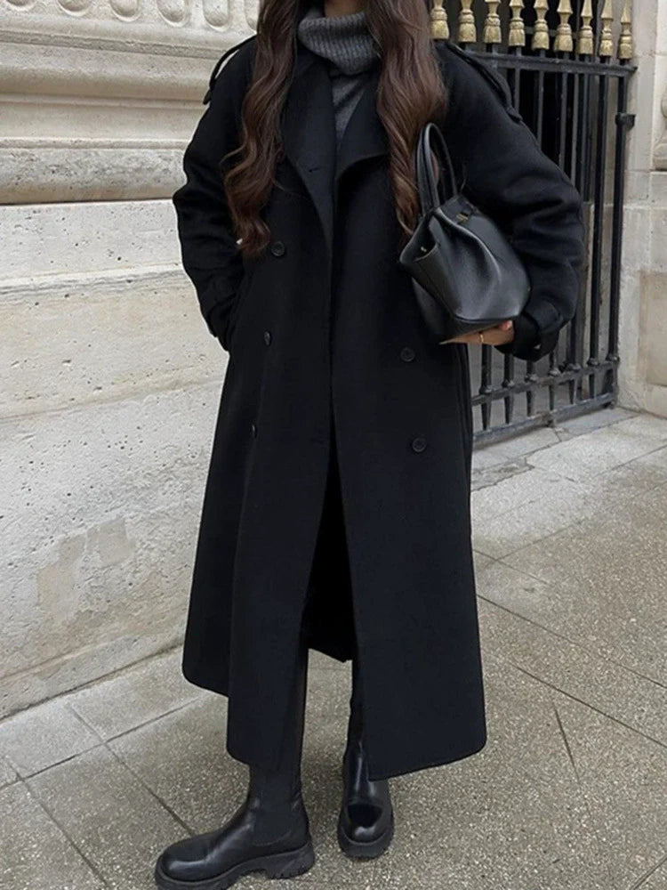 EB | Damen Lange Oversized Trenchcoat mit Doppelter Knopfreihe und Taillengurt