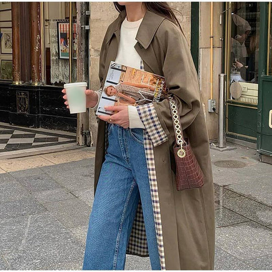 EB | Damen Langer Trenchcoat mit Eleganter Schnitt und Karierter Futter