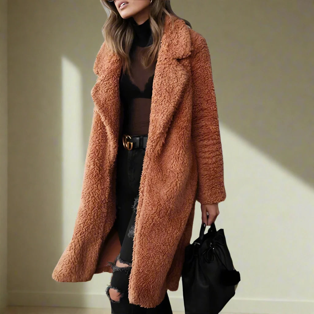 EB | Damen Lange Teddy Jacke Aus Kunstfell mit Reverskragen