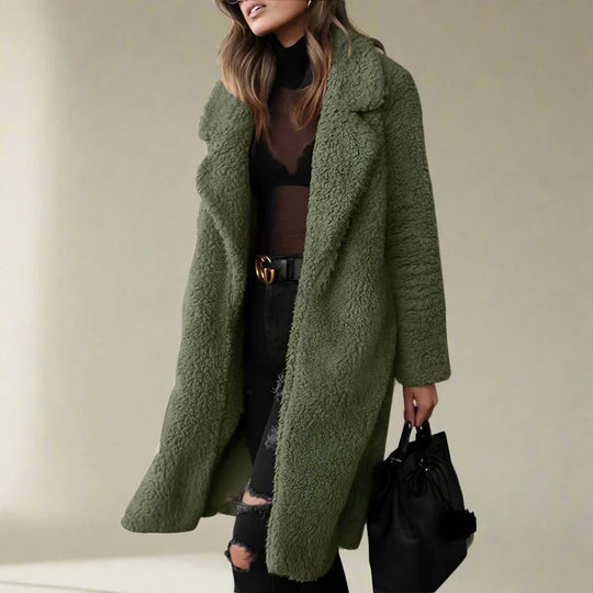 EB | Damen Lange Teddy Jacke Aus Kunstfell mit Reverskragen
