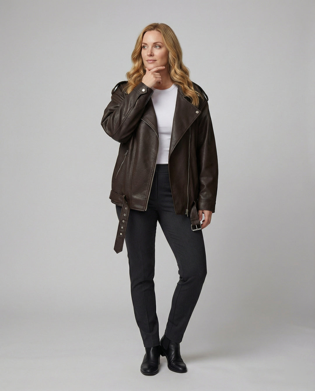 Schwarze Plus-Size Damen Lederjacke im American High Street Style