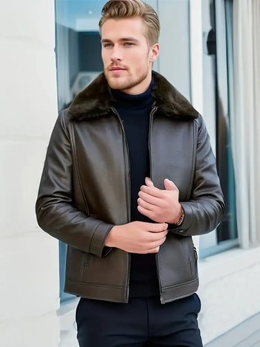 EB | Herren Braun Lederjacke - Stilvoll & Warm Pelzkragen