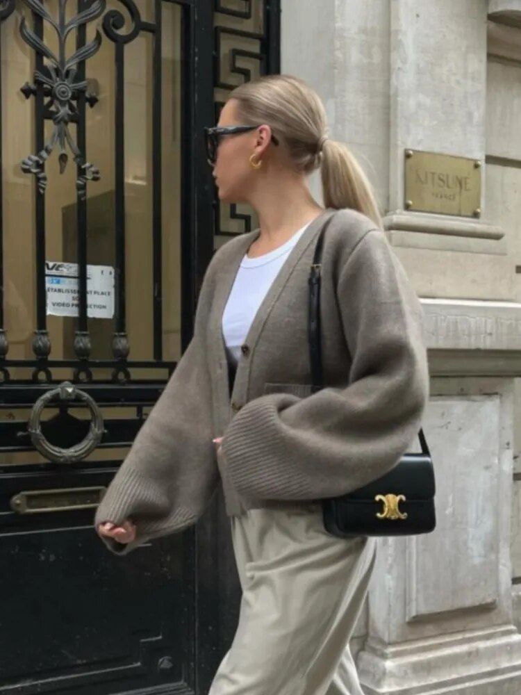 EB | Damen Stilvoll Strickcardigan mit Knopfverschluss und V-Ausschnitt