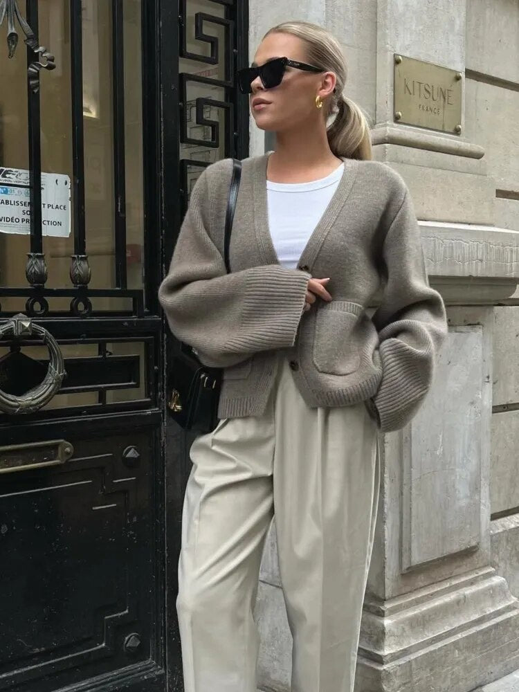 EB | Damen Stilvoll Strickcardigan mit Knopfverschluss und V-Ausschnitt