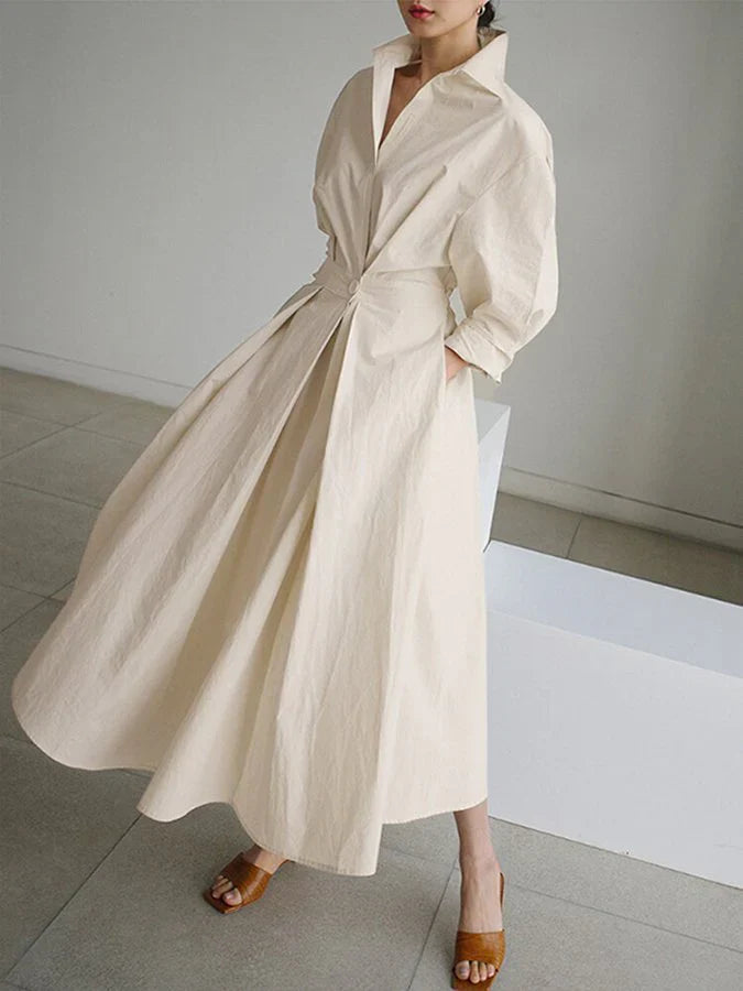 EB | Elegantes Damen Maxi Kleid mit Kragen und Schmeichelhaften Falten