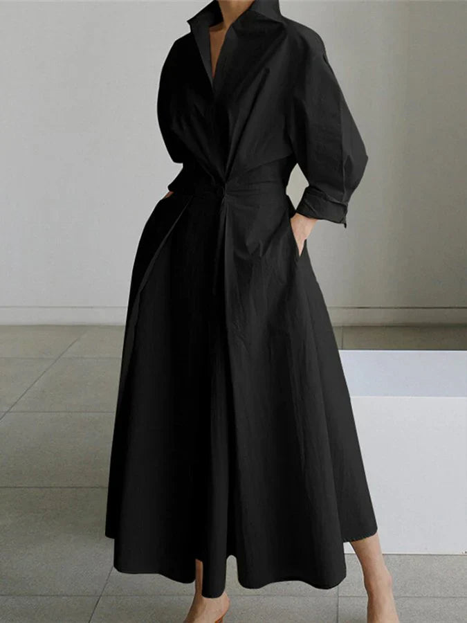 EB | Elegantes Damen Maxi Kleid mit Kragen und Schmeichelhaften Falten