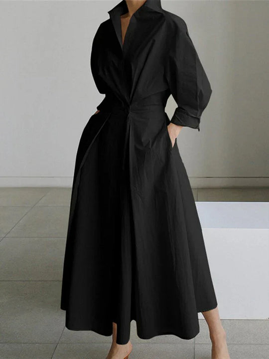 EB | Elegantes Damen Maxi Kleid mit Kragen und Schmeichelhaften Falten