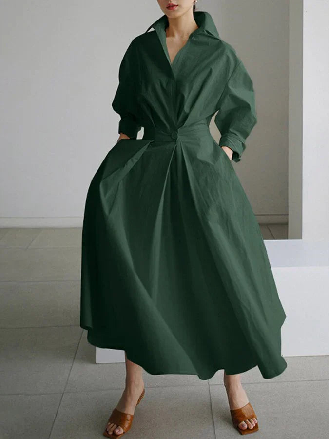 EB | Elegantes Damen Maxi Kleid mit Kragen und Schmeichelhaften Falten