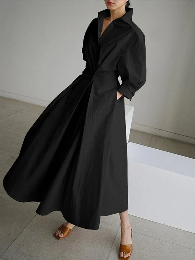 EB | Elegantes Damen Maxi Kleid mit Kragen und Schmeichelhaften Falten