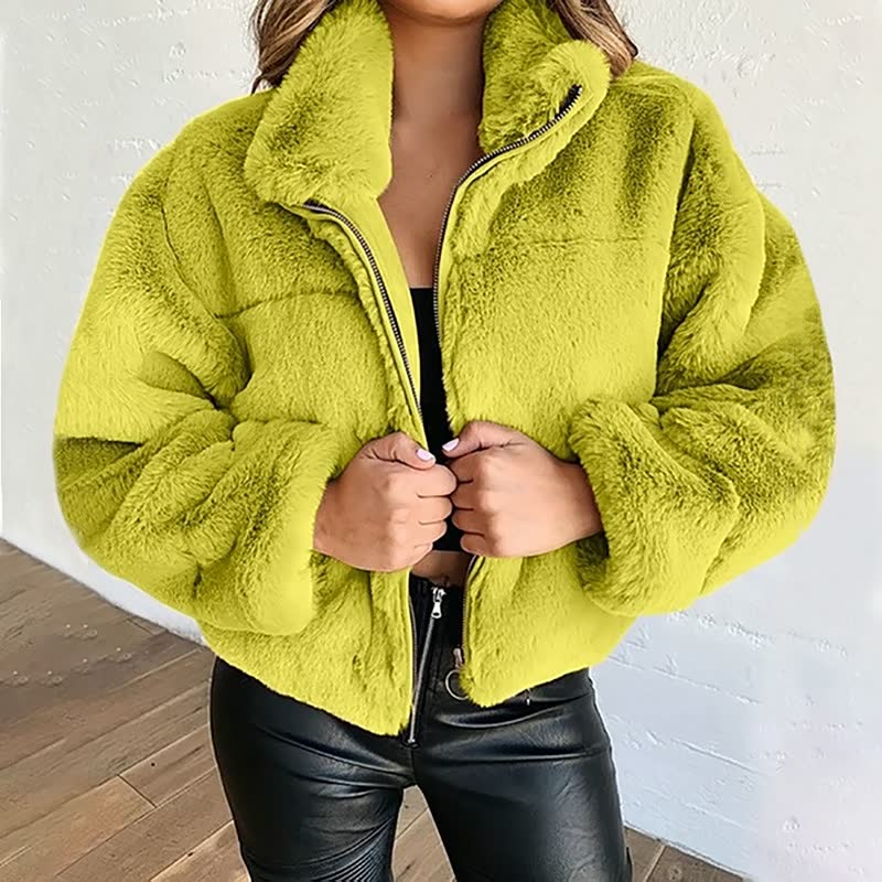 EB | Warme Damen Teddyjacke mit Reißverschluss und Hohem Kragen