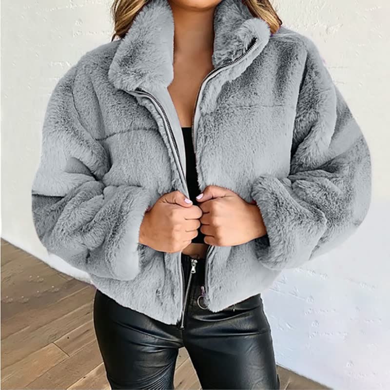 EB | Warme Damen Teddyjacke mit Reißverschluss und Hohem Kragen