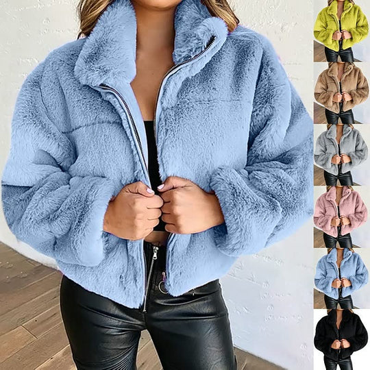 EB | Warme Damen Teddyjacke mit Reißverschluss und Hohem Kragen