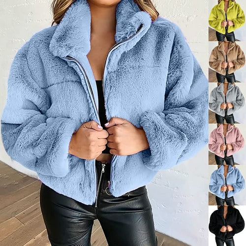 EB | Warme Damen Teddyjacke mit Reißverschluss und Hohem Kragen