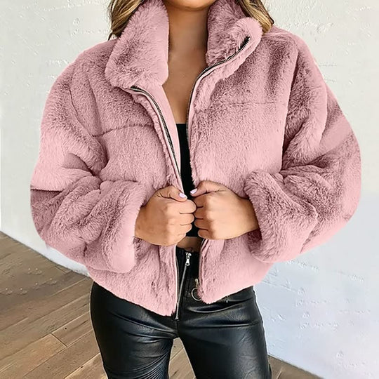 EB | Warme Damen Teddyjacke mit Reißverschluss und Hohem Kragen
